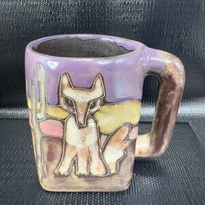 Mara Pottery Stoneware Mug Cup Coyote Desert Cactus Hand Made Mexican Pottery